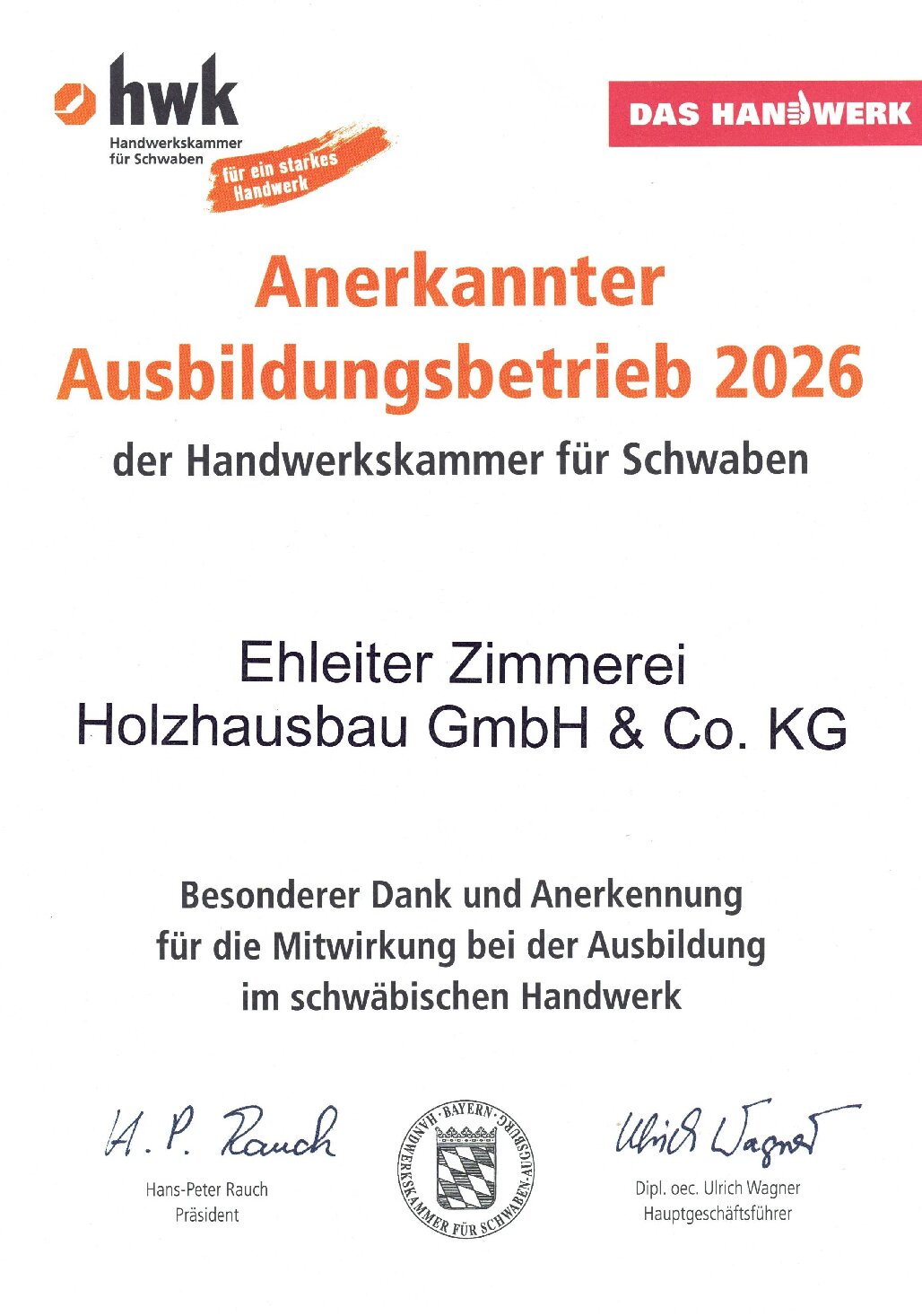 Urkunde Anerkannter Ausbildungsbetrieb 2026